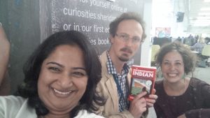 Kavita Mathew, Glenn Clifton, and Jennifer Phenix, giving away books at Trafalgar. Photo: Kavita Mathew